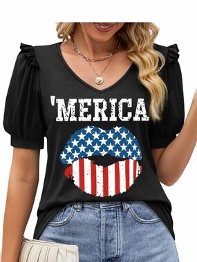 V-Neck Puff Sleeve Graphic Tee - Black 'Merica Lips Medium